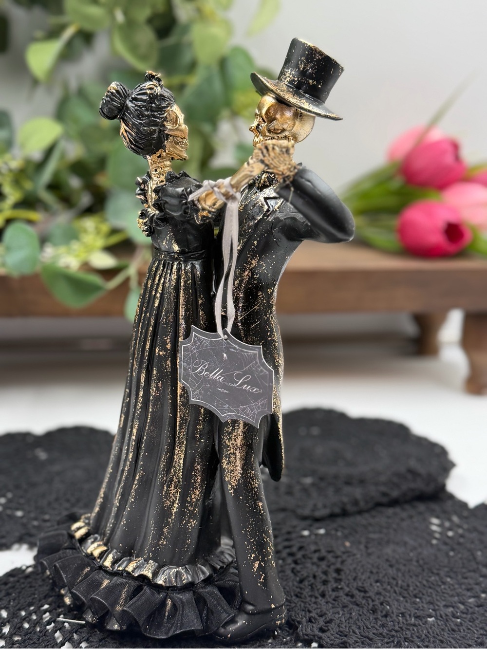 bella lux gothic skeleton couple dancing figurine halloween decor 14”